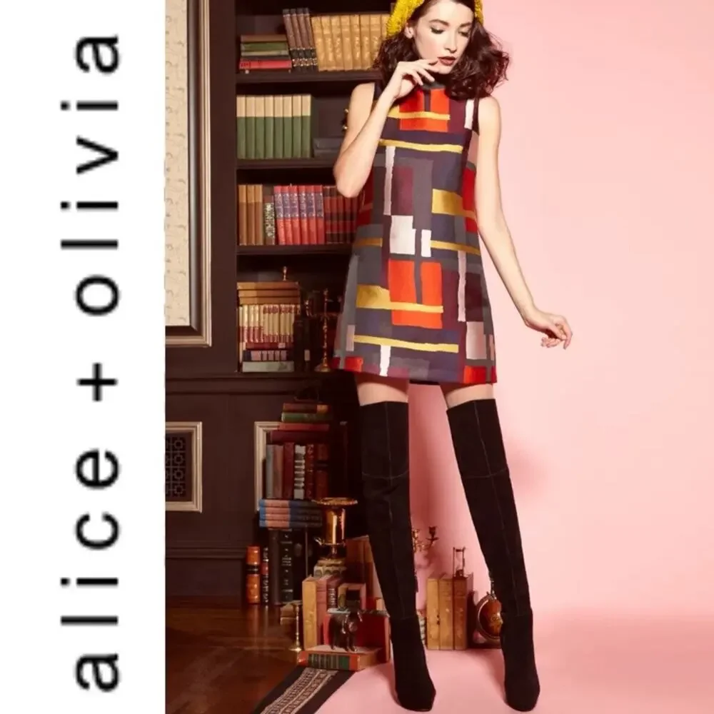 ALICE + OLIVIA Clyde Print Sleeveless A-Line Shift Dress Geometric Womens Size 8 - Picture 3 of 16